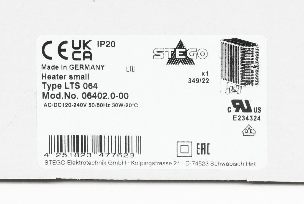 Stego enclosure heater, 30W heating capacity, touch-safe PTC resistor heating element, 120-240 VAC/VDC operating voltage, 50/60 Hz, 35mm DIN rail or panel mount.-06402.0-00