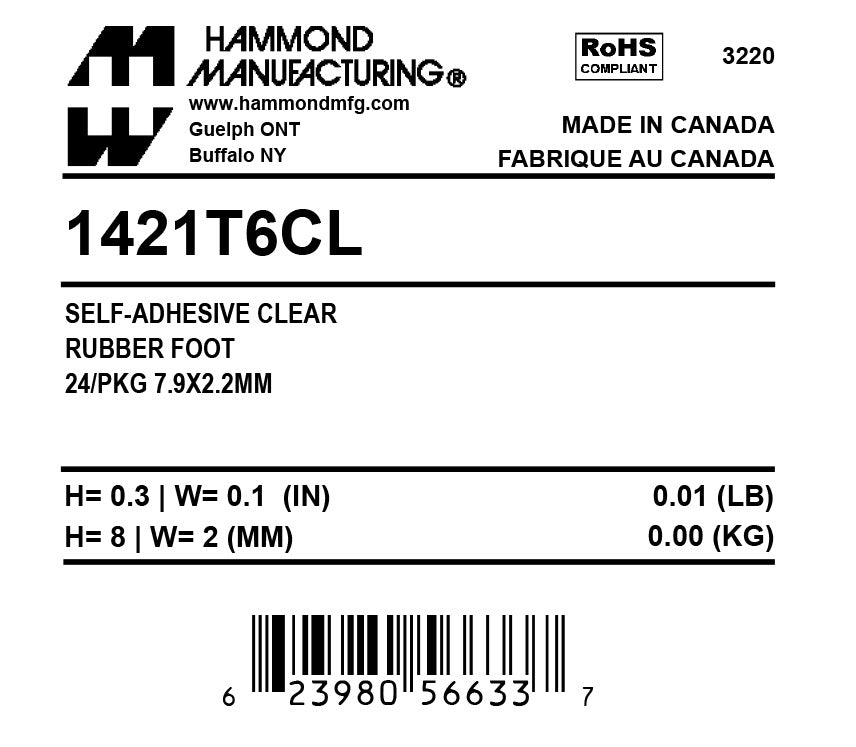 Hammond mounting feet, rubber, clear. Package of 24.-1421T6CL