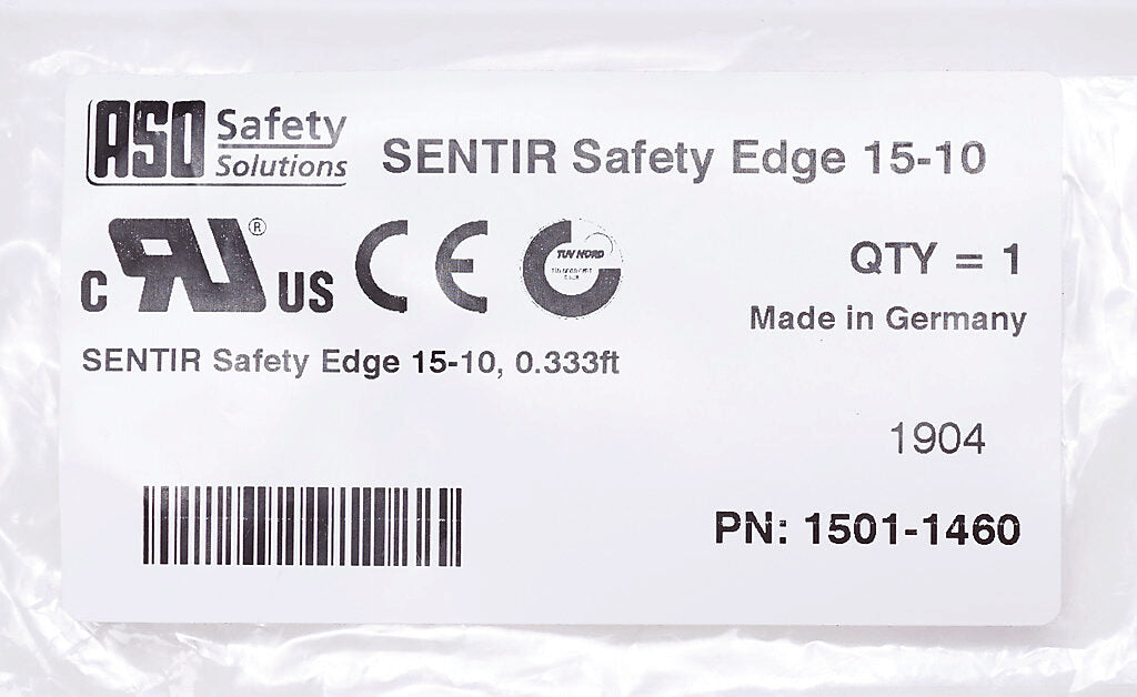 ASO Safety Solutions safety contact edge, 15 x 10mm, 4in length, pigtail, 8.2ft/2.5m cable length. Aluminum mounting rail included. Preassembled with 8.2k ohm resistor for 2-wire installation.-1501-1460