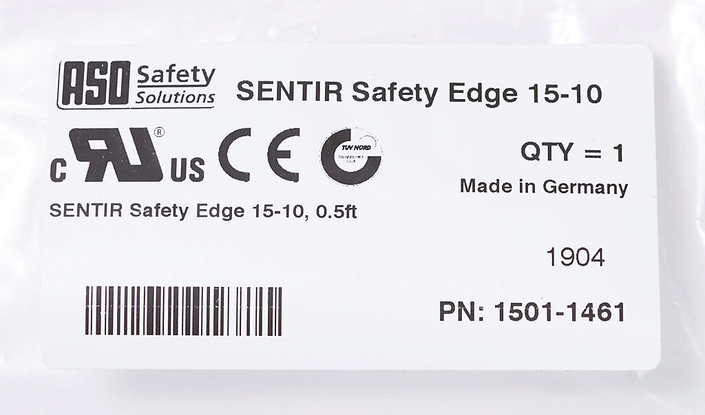 ASO Safety Solutions safety contact edge, 15 x 10mm, 6in length, pigtail, 8.2ft/2.5m cable length. Aluminum mounting rail included. Preassembled with 8.2k ohm resistor for 2-wire installation.-1501-1461