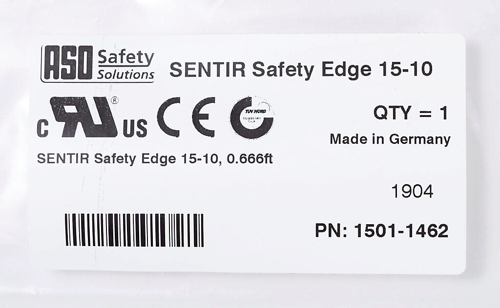 ASO Safety Solutions safety contact edge, 15 x 10mm, 8in length, pigtail, 8.2ft/2.5m cable length. Aluminum mounting rail included. Preassembled with 8.2k ohm resistor for 2-wire installation.-1501-1462