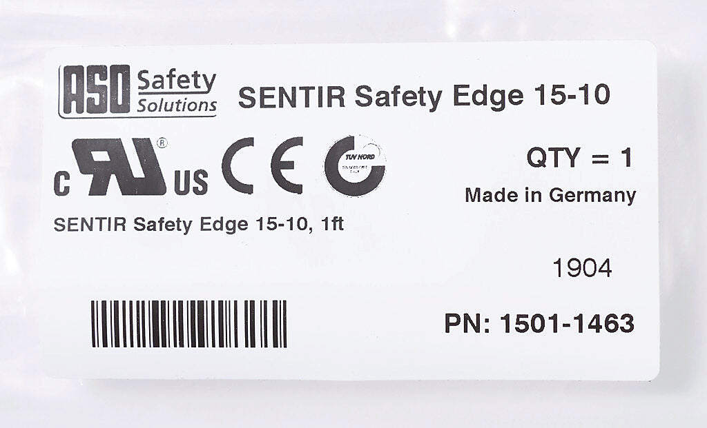 ASO Safety Solutions safety contact edge, 15 x 10mm, 1ft length, pigtail, 8.2ft/2.5m cable length. Aluminum mounting rail included. Preassembled with 8.2k ohm resistor for 2-wire installation.-1501-1463
