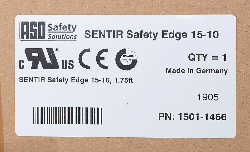 ASO Safety Solutions safety contact edge, 15 x 10mm, 1.8ft length, pigtail, 8.2ft/2.5m cable length. Aluminum mounting rail included. Preassembled with 8.2k ohm resistor for 2-wire installation.-1501-1466