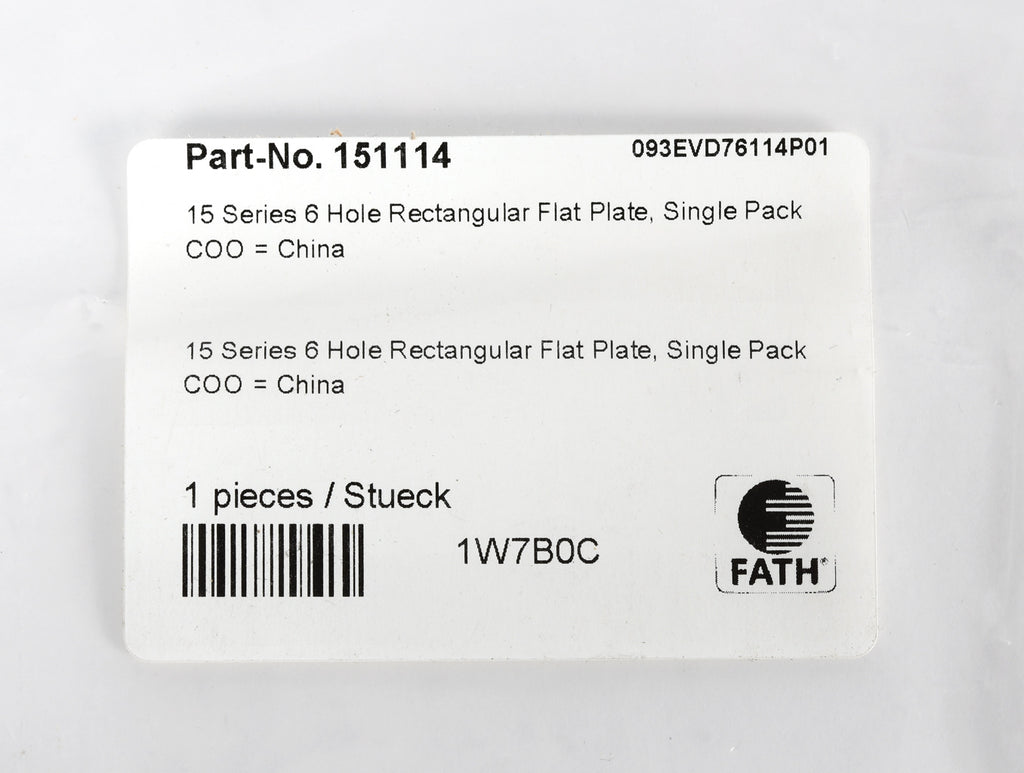 FATH rectangular flat plate, silver, 6 holes, anodized aluminum, slot size 8. For use with all 1.5in and 3in profile T-slotted rails. Manufacturer part number: 093EVD76114.-151114