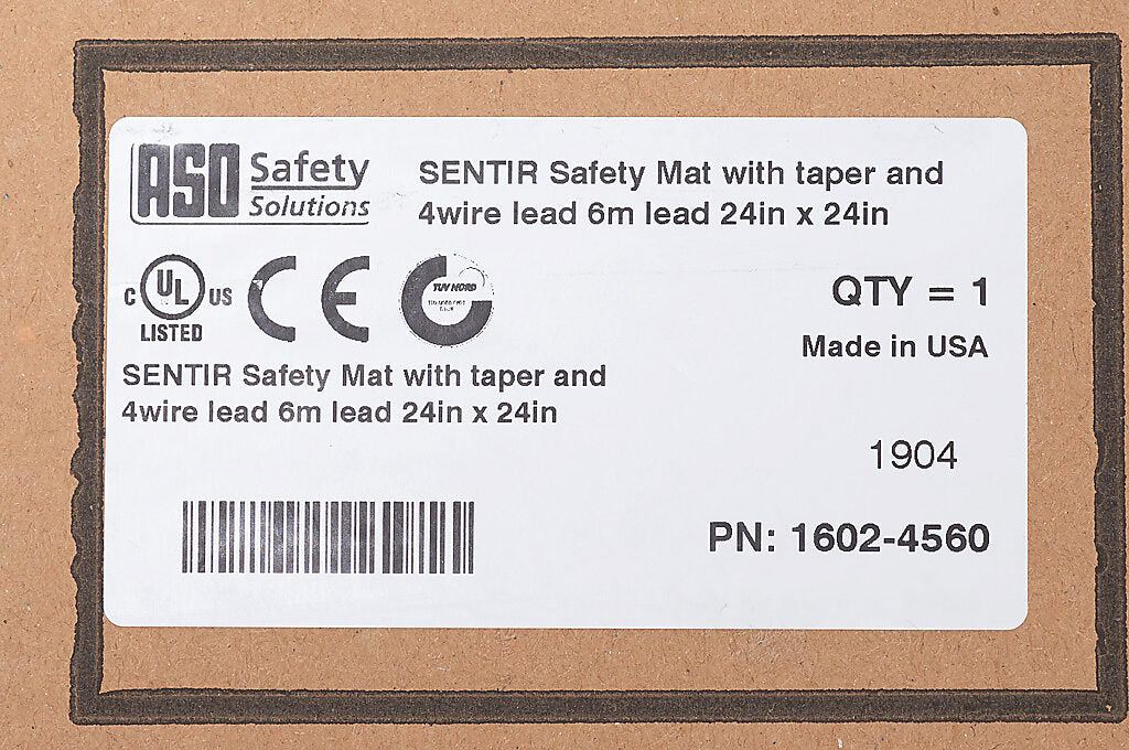 ASO Safety Solutions safety contact mat, 24 x 24in, integrated taper edge, 24 VAC/VDC operating voltage, polyurethane contact surface, black, IP65, 19.6ft/6m cable length, pigtail.-1602-4560