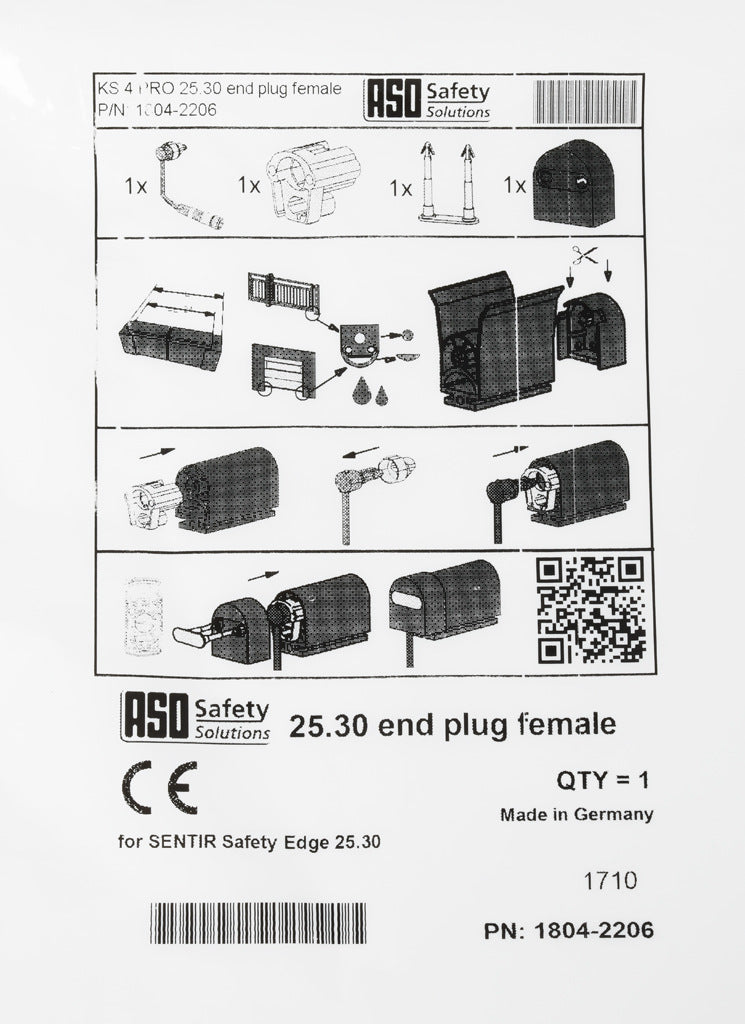 ASO Safety Solutions safety contact edge end cap, 1.6ft/0.5m cable length, 3-pin female M8. For use with 25 x 30mm safety contact edge.-1804-2206