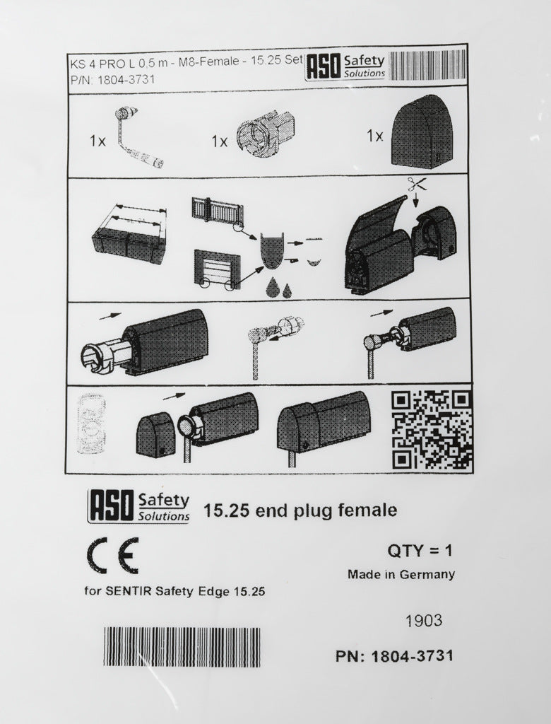 ASO Safety Solutions safety contact edge end cap, 1.6ft/0.5m cable length, 3-pin female M8. For use with 15 x 25mm safety contact edge.-1804-3731
