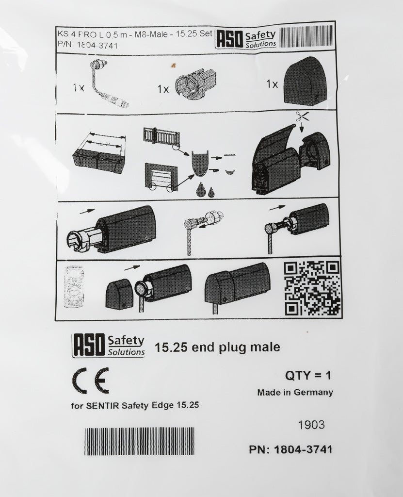 ASO Safety Solutions safety contact edge end cap, 1.6ft/0.5m cable length, 3-pin male M8. For use with 15 x 25mm safety contact edge.-1804-3741