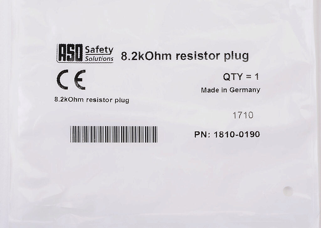 ASO Safety Solutions terminating resistor, 8.2k ohm, 3-pin male M8. For use with safety contact mats and bumpers.-1810-0190