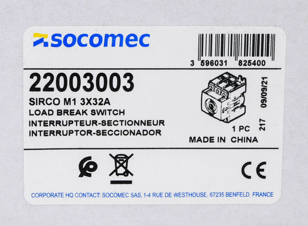 Socomec SIRCO M series rotary disconnect switch, load break capable, 3-pole, 600 VAC, 32A, 65kA SCCR, DIN rail or panel mount, UL 508 rated, front or side operated, accepts 5 x 5mm size shaft.-22003003