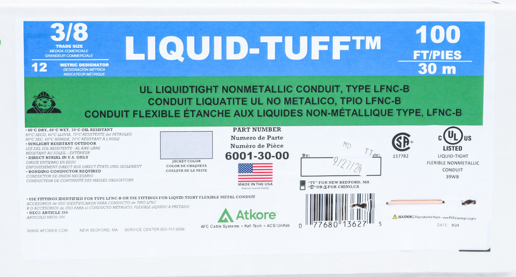 Atkore Liquid-Tuff 6000 liquid-tight flexible non-metallic conduit, embedded spiral rigid PVC, PVC wall, 3/8in trade size, gray, UL-1660 Listed, 100ft/30.4m coil length.-6001-30-00