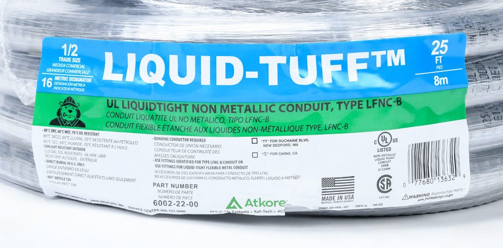 Atkore Liquid-Tuff 6000 liquid-tight flexible non-metallic conduit, embedded spiral rigid PVC, PVC wall, 1/2in trade size, gray, UL-1660 Listed, 25ft/7.6m coil length.-6002-22-00