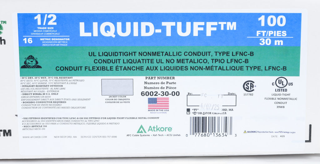 Atkore Liquid-Tuff 6000 liquid-tight flexible non-metallic conduit, embedded spiral rigid PVC, PVC wall, 1/2in trade size, gray, UL-1660 Listed, 100ft/30.4m coil length.-6002-30-00