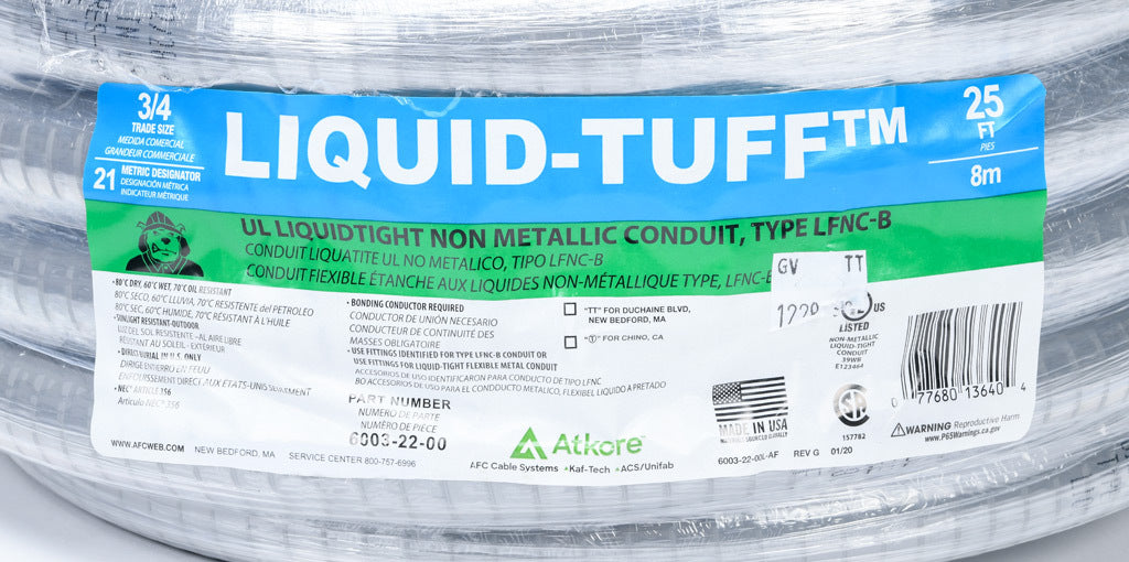 Atkore Liquid-Tuff 6000 liquid-tight flexible non-metallic conduit, embedded spiral rigid PVC, PVC wall, 3/4in trade size, gray, UL-1660 Listed, 25ft/7.6m coil length.-6003-22-00