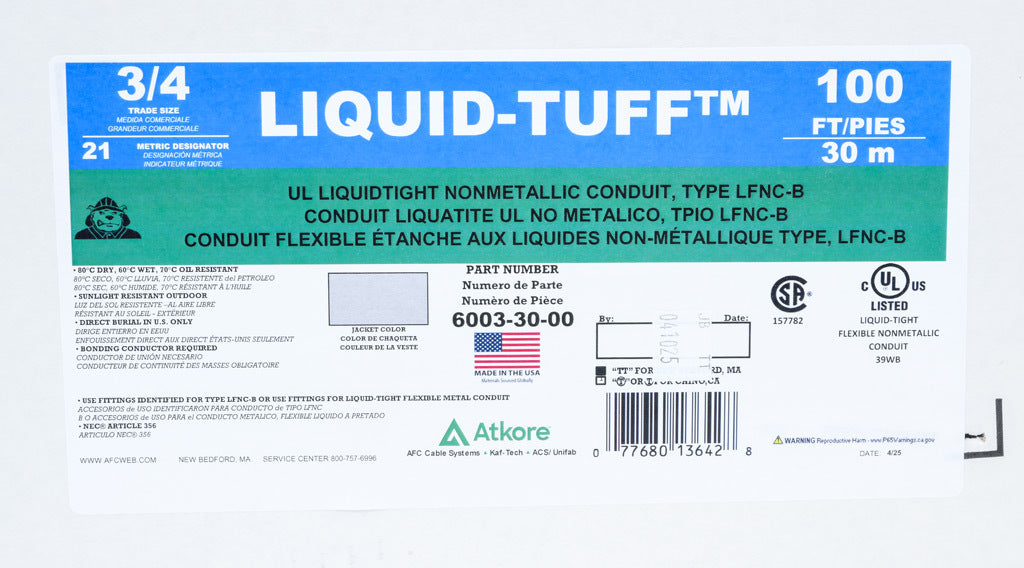 Atkore Liquid-Tuff 6000 liquid-tight flexible non-metallic conduit, embedded spiral rigid PVC, PVC wall, 3/4in trade size, gray, UL-1660 Listed, 100ft/30.4m coil length.-6003-30-00