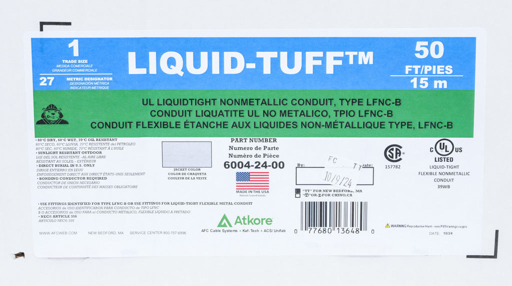 Atkore Liquid-Tuff 6000 liquid-tight flexible non-metallic conduit, embedded spiral rigid PVC, PVC wall, 1in trade size, gray, UL-1660 Listed, 50ft/15.2m coil length.-6004-24-00