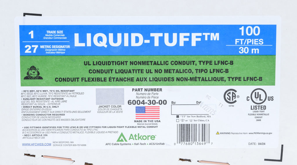 Atkore Liquid-Tuff 6000 liquid-tight flexible non-metallic conduit, embedded spiral rigid PVC, PVC wall, 1in trade size, gray, UL-1660 Listed, 100ft/30.4m coil length.-6004-30-00