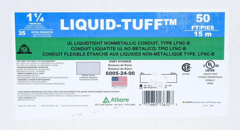 Atkore Liquid-Tuff 6000 liquid-tight flexible non-metallic conduit, embedded spiral rigid PVC, PVC wall, 1-1/4in trade size, gray, UL-1660 Listed, 50ft/15.2m coil length.-6005-24-00