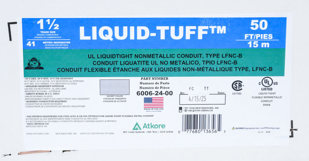 Atkore Liquid-Tuff 6000 liquid-tight flexible non-metallic conduit, embedded spiral rigid PVC, PVC wall, 1-1/2in trade size, gray, UL-1660 Listed, 50ft/15.2m coil length.-6006-24-00