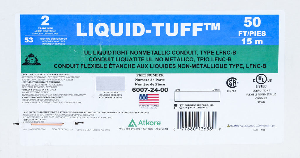 Atkore Liquid-Tuff 6000 liquid-tight flexible non-metallic conduit, embedded spiral rigid PVC, PVC wall, 2in trade size, gray, UL-1660 Listed, 50ft/15.2m coil length.-6007-24-00