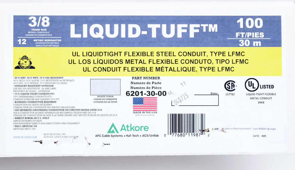 Atkore Liquid-Tuff 6200 liquid-tight flexible metallic conduit, galvanized low carbon steel, PVC jacket, 3/8in trade size, gray, UL-360 Listed, 100ft/30.4m coil length.-6201-30-00