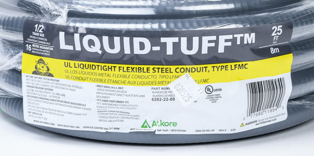 Atkore Liquid-Tuff 6200 liquid-tight flexible metallic conduit, galvanized low carbon steel, PVC jacket, 1/2in trade size, gray, UL-360 Listed, 25ft/7.6m coil length.-6202-22-00