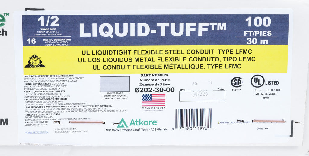 Atkore Liquid-Tuff 6200 liquid-tight flexible metallic conduit, galvanized low carbon steel, PVC jacket, 1/2in trade size, gray, UL-360 Listed, 100ft/30.4m coil length.-6202-30-00