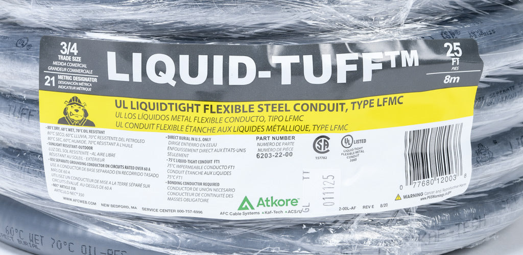 Atkore Liquid-Tuff 6200 liquid-tight flexible metallic conduit, galvanized low carbon steel, PVC jacket, 3/4in trade size, gray, UL-360 Listed, 25ft/7.6m coil length.-6203-22-00