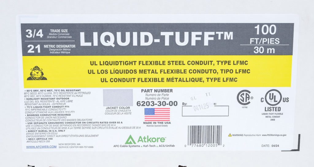 Atkore Liquid-Tuff 6200 liquid-tight flexible metallic conduit, galvanized low carbon steel, PVC jacket, 3/4in trade size, gray, UL-360 Listed, 100ft/30.4m coil length.-6203-30-00