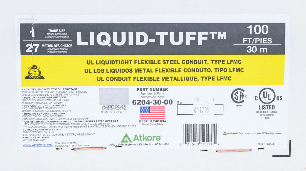 Atkore Liquid-Tuff 6200 liquid-tight flexible metallic conduit, galvanized low carbon steel, PVC jacket, 1in trade size, gray, UL-360 Listed, 100ft/30.4m coil length.-6204-30-00