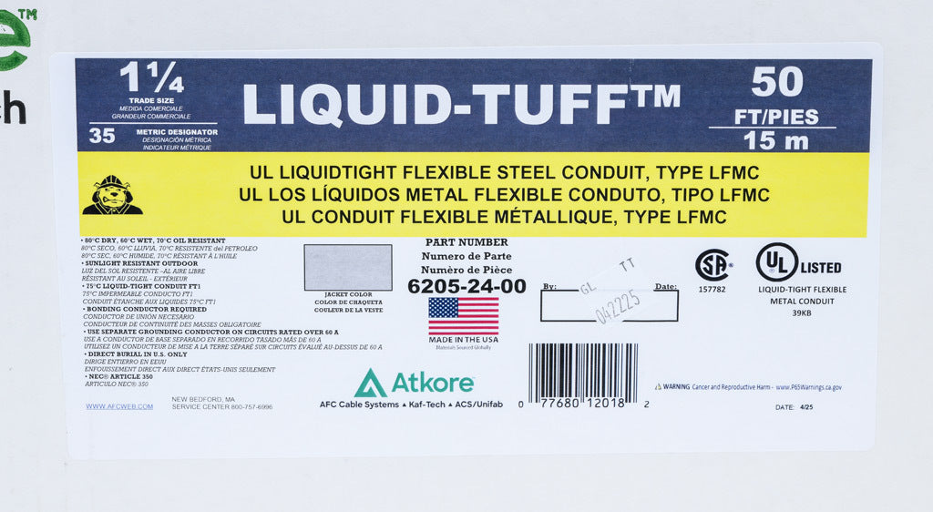 Atkore Liquid-Tuff 6200 liquid-tight flexible metallic conduit, galvanized low carbon steel, PVC jacket, 1-1/4in trade size, gray, UL-360 Listed, 50ft/15.2m coil length.-6205-24-00