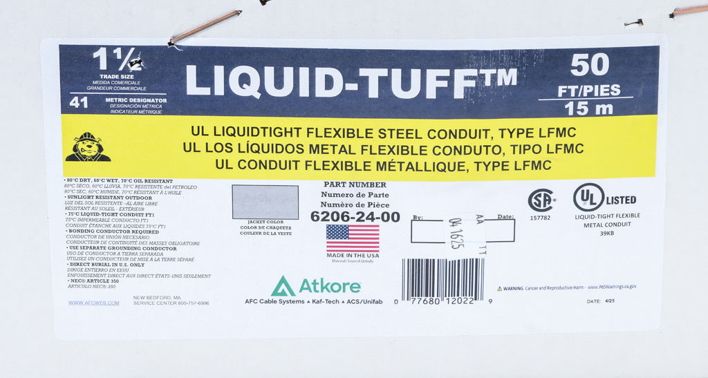 Atkore Liquid-Tuff 6200 liquid-tight flexible metallic conduit, galvanized low carbon steel, PVC jacket, 1-1/2in trade size, gray, UL-360 Listed, 50ft/15.2m coil length.-6206-24-00