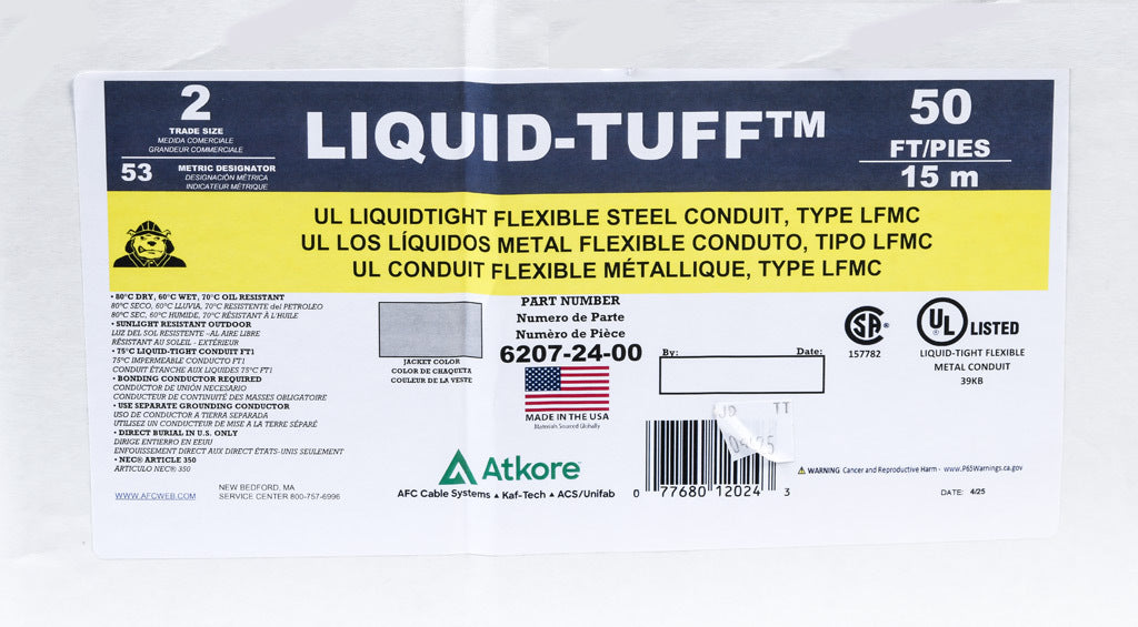 Atkore Liquid-Tuff 6200 liquid-tight flexible metallic conduit, galvanized low carbon steel, PVC jacket, 2in trade size, gray, UL-360 Listed, 50ft/15.2m coil length.-6207-24-00