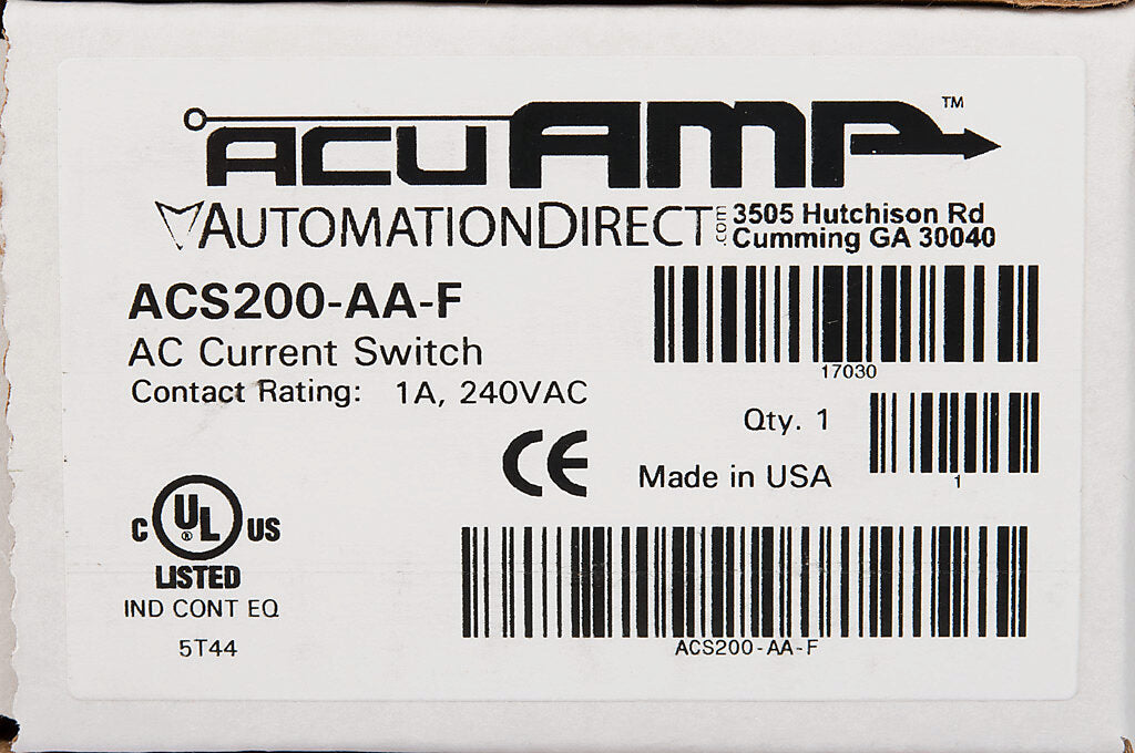AcuAMP AC current switch, fixed core, 1-6, 6-40, or 40-175A selectable sensing range, 1-175A adjustable trip point, 4-turn potentiometer, solid state switch, N.O. output, 1A @ 240 VAC output rating.-ACS200-AA-F