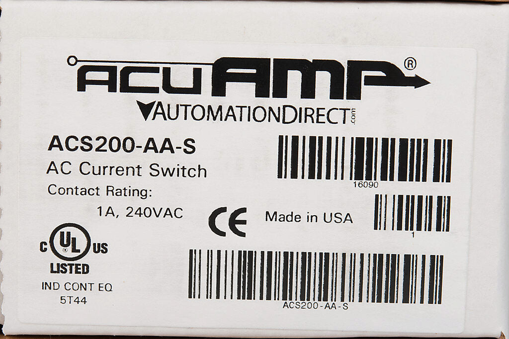 AcuAMP AC current switch, split core, 1.75-6, 6-40, or 40-200A selectable sensing range, 1.75-200A adjustable trip point, 4-turn potentiometer, solid state switch, N.O. output, 1A @ 240 VAC output rating.-ACS200-AA-S