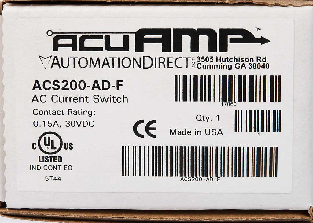 AcuAMP AC current switch, fixed core, 1-6, 6-40, or 40-175A selectable sensing range, 1-175A adjustable trip point, 4-turn potentiometer, solid state switch, N.O. output, 0.15A @ 30 VDC output rating.-ACS200-AD-F