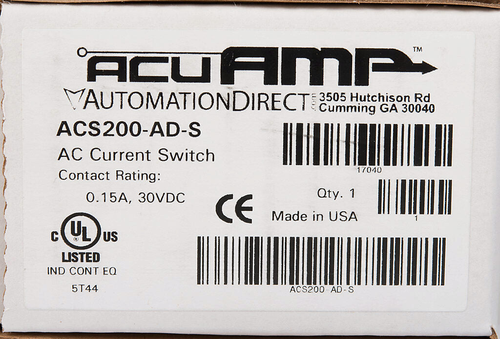 AcuAMP AC current switch, split core, 1.75-6, 6-40, or 40-200A selectable sensing range, 1.75-200A adjustable trip point, 4-turn potentiometer, solid state switch, N.O. output, 0.15A @ 30 VDC output rating.-ACS200-AD-S
