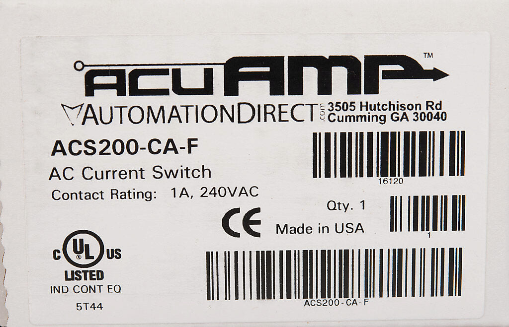 AcuAMP AC current switch, fixed core, 1-6, 6-40, or 40-175A selectable sensing range, 1-175A adjustable trip point, 4-turn potentiometer, solid state switch, N.C. output, 1A @ 240 VAC output rating.-ACS200-CA-F