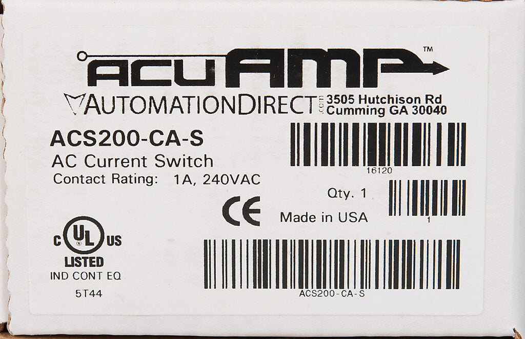 AcuAMP AC current switch, split core, 1.75-6, 6-40, or 40-200A selectable sensing range, 1.75-200A adjustable trip point, 4-turn potentiometer, solid state switch, N.C. output, 1A @ 240 VAC output rating.-ACS200-CA-S