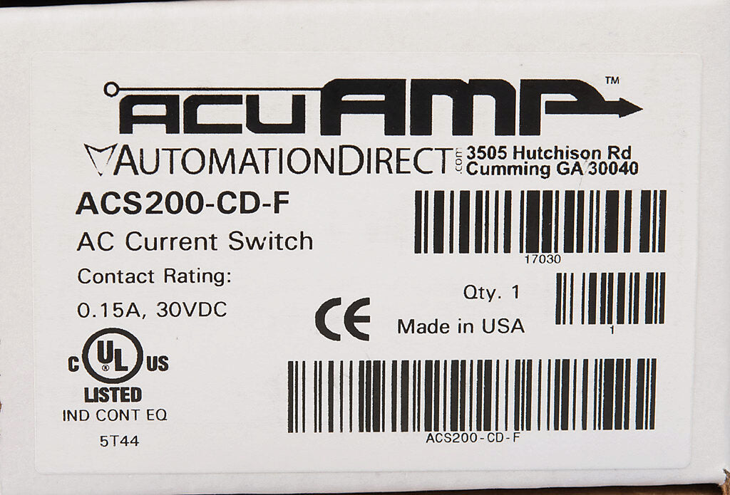 AcuAMP AC current switch, fixed core, 1-6, 6-40, or 40-175A selectable sensing range, 1-175A adjustable trip point, 4-turn potentiometer, solid state switch, N.C. output, 0.15A @ 30 VDC output rating.-ACS200-CD-F