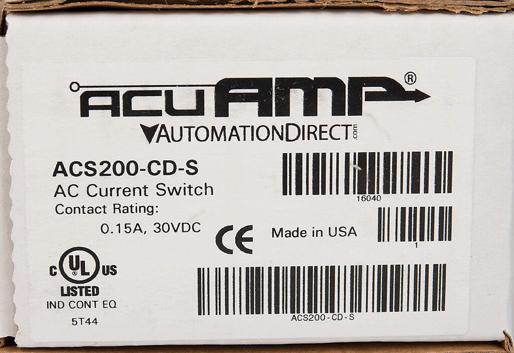 AcuAMP AC current switch, split core, 1.75-6, 6-40, or 40-200A selectable sensing range, 1.75-200A adjustable trip point, 4-turn potentiometer, solid state switch, N.C. output, 0.15A @ 30 VDC output rating.-ACS200-CD-S
