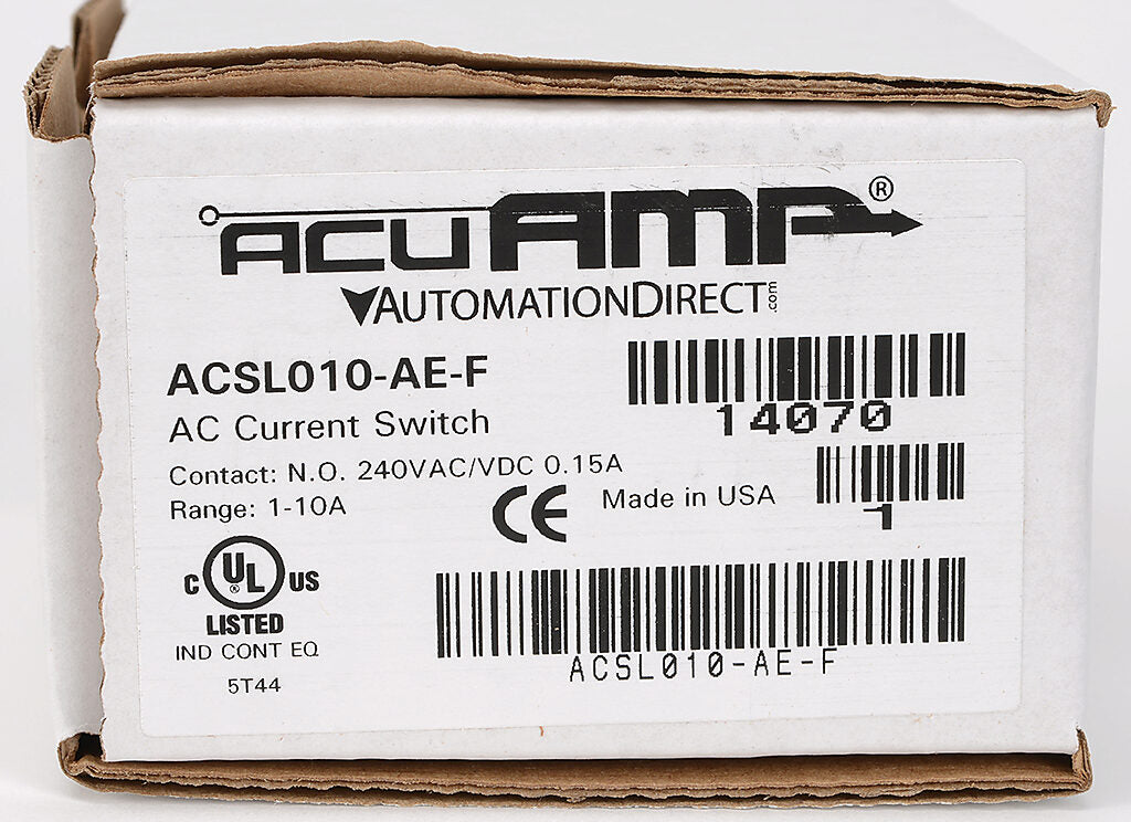 AcuAMP AC current switch, fixed core, 0-150A sensing range, 1-10A adjustable trip point, single-turn scaled potentiometer, solid state switch, N.O. output, 0.15A @ 240 VAC/VDC output rating.-ACSL010-AE-F