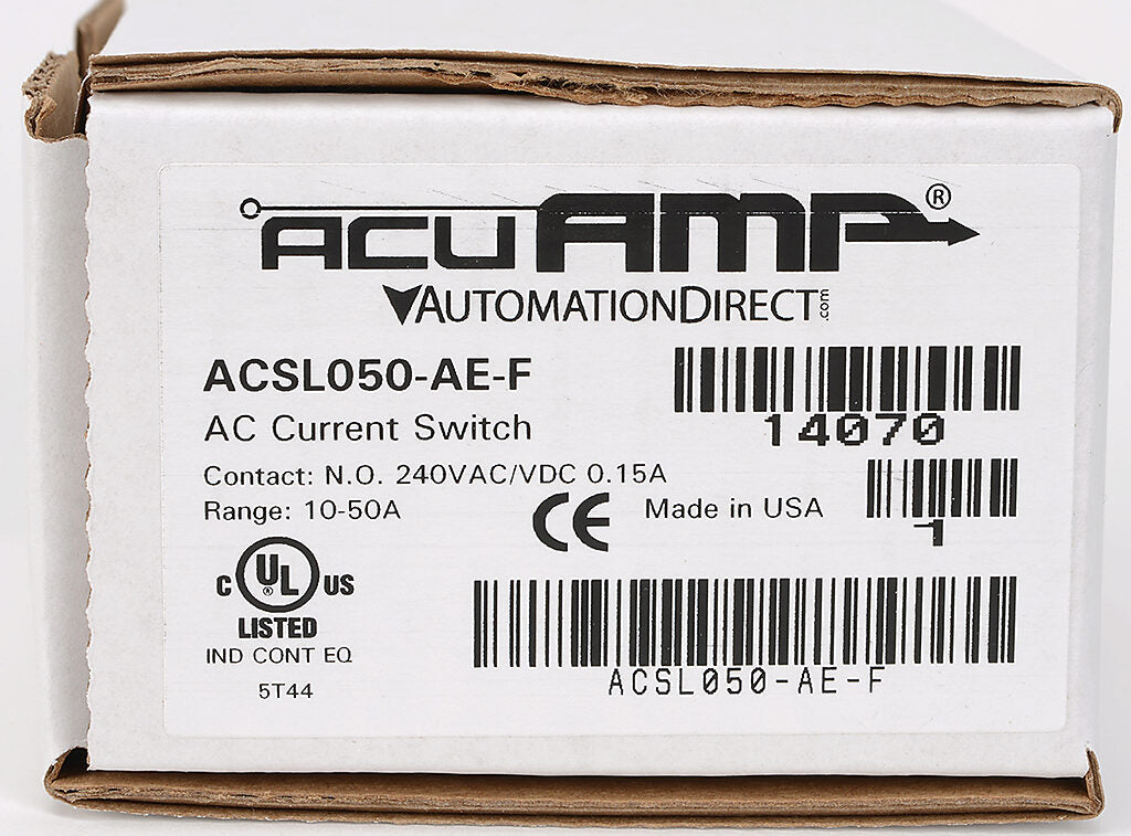 AcuAMP AC current switch, fixed core, 0-150A sensing range, 10-50A adjustable trip point, single-turn scaled potentiometer, solid state switch, N.O. output, 0.15A @ 240 VAC/VDC output rating.-ACSL050-AE-F