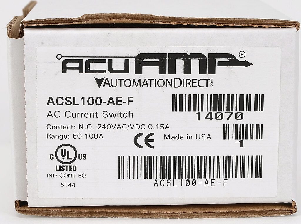 AcuAMP AC current switch, fixed core, 0-150A sensing range, 50-100A adjustable trip point, single-turn scaled potentiometer, solid state switch, N.O. output, 0.15A @ 240 VAC/VDC output rating.-ACSL100-AE-F