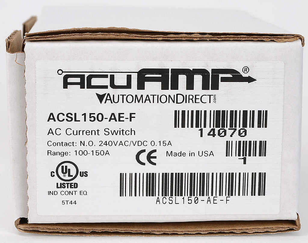 AcuAMP AC current switch, fixed core, 0-150A sensing range, 100-150A adjustable trip point, single-turn scaled potentiometer, solid state switch, N.O. output, 0.15A @ 240 VAC/VDC output rating.-ACSL150-AE-F