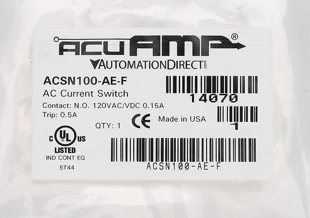 AcuAMP AC current switch, fixed core, 0-100A sensing range, 0.5A non-adjustable trip point, solid state switch, N.O. output, 0.15A @ 120 VAC/VDC output rating.-ACSN100-AE-F