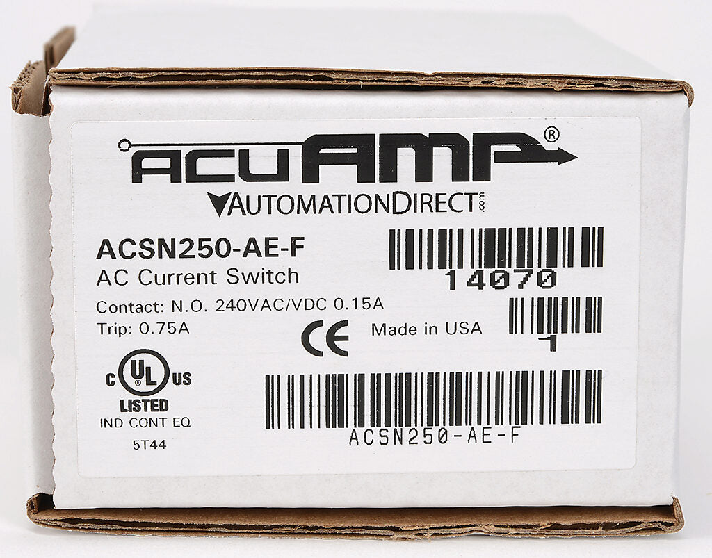 AcuAMP AC current switch, fixed core, 0-250A sensing range, 0.75A non-adjustable trip point, solid state switch, N.O. output, 0.15A @ 240 VAC/VDC output rating.-ACSN250-AE-F
