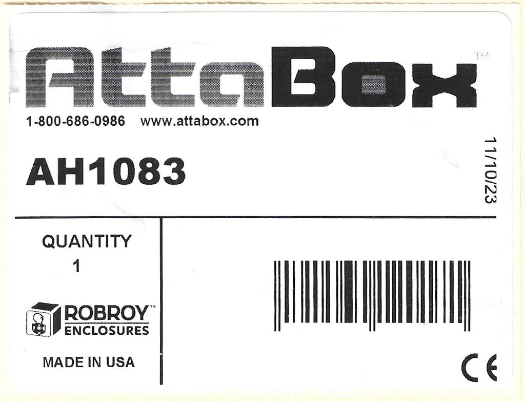 AttaBox Heartland SL series enclosure, NEMA 1/3R/4/4X/12, 10 x 8 x 3in (HxWxD), wall mount, polycarbonate, Pantone 7541 C light gray, single-door, polycarbonate quick-release latch.-AH1083
