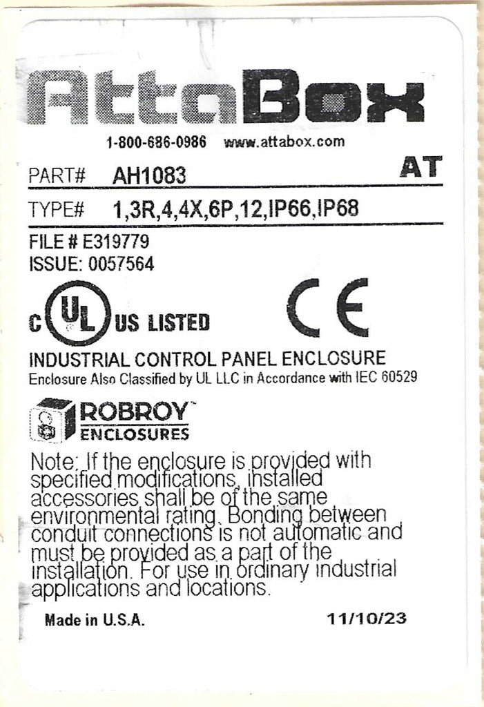 AttaBox Heartland SL series enclosure, NEMA 1/3R/4/4X/12, 10 x 8 x 3in (HxWxD), wall mount, polycarbonate, Pantone 7541 C light gray, single-door, polycarbonate quick-release latch.-AH1083