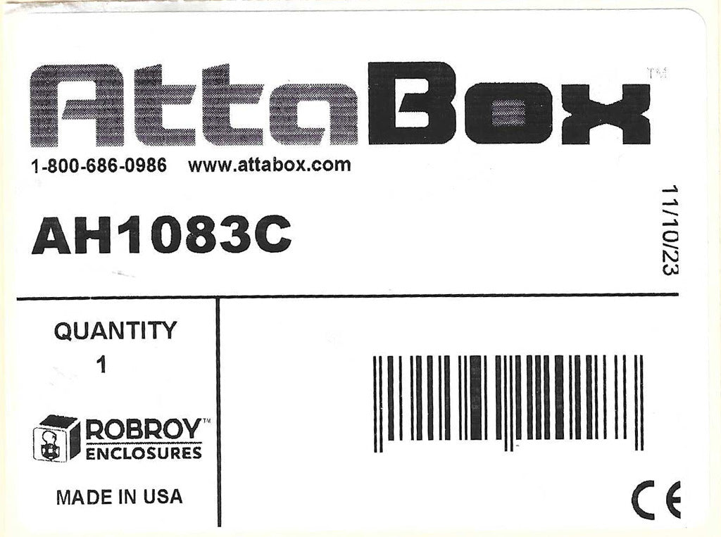 AttaBox Heartland SL series enclosure, NEMA 1/3R/4/4X/12, 10 x 8 x 3in (HxWxD), wall mount, polycarbonate, Pantone 7541 C light gray, smoked polycarbonate single-door, polycarbonate quick-release latch.-AH1083C